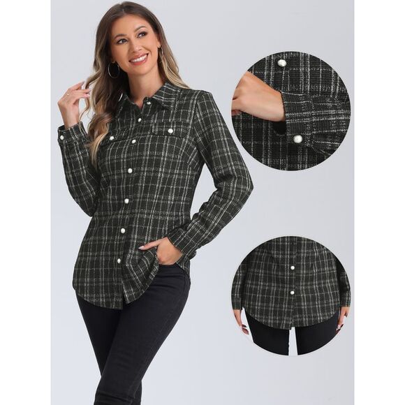 Plaid Tweed Collared Button Down Lightweight Shackets Black - Picture 2 of 6